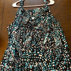 Avenue dressy tank top with ruffle and sequin detail black with teal and tan